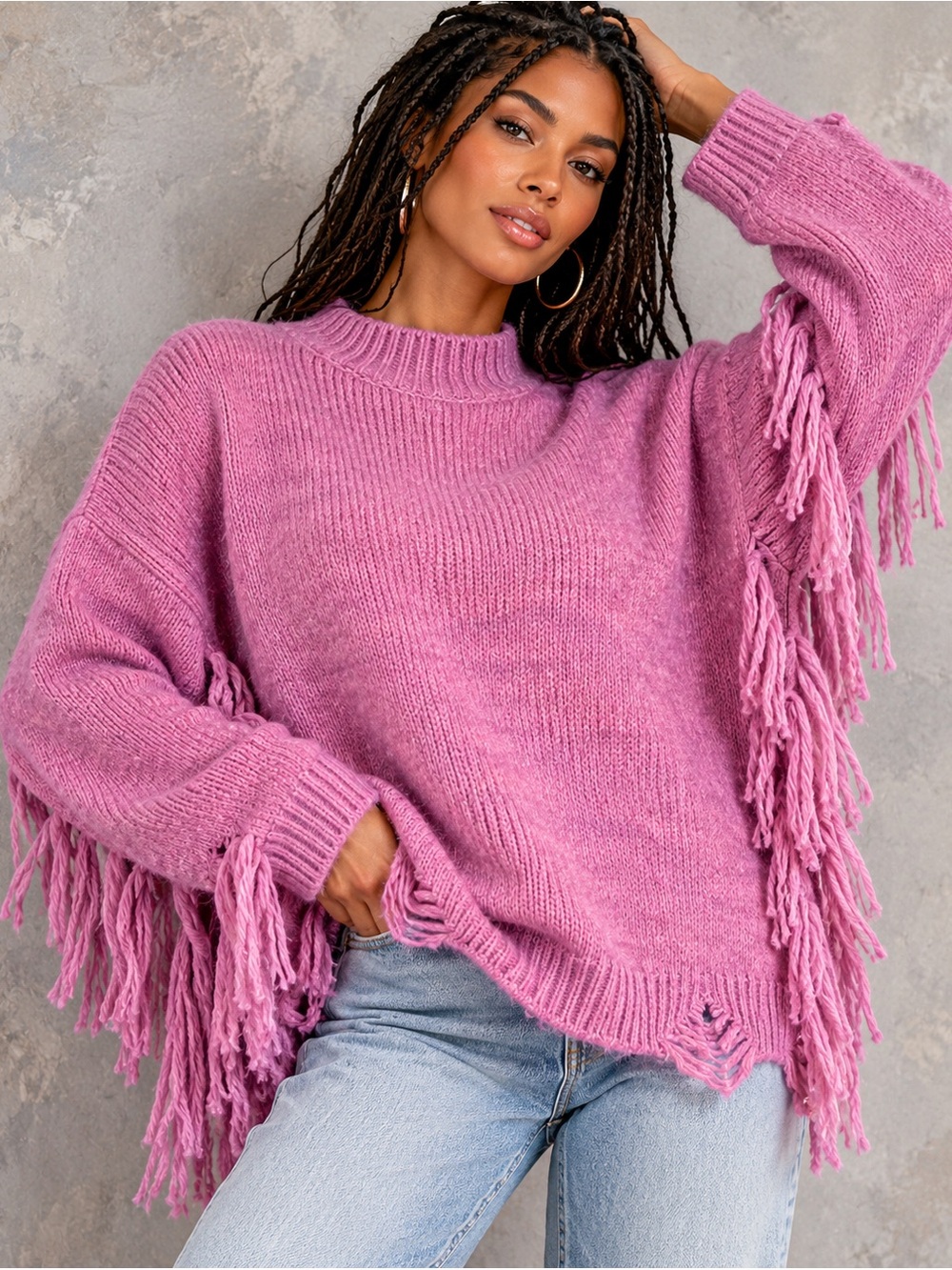 NWT Chelsea & Violet XL Pink Fringe Knit Sweater with Wool Blend